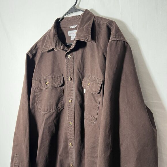 Carhartt Men’s 2XL Tall Brown Button Up Work Shirt Long Sleeve Canvas Utility - Picture 6 of 10